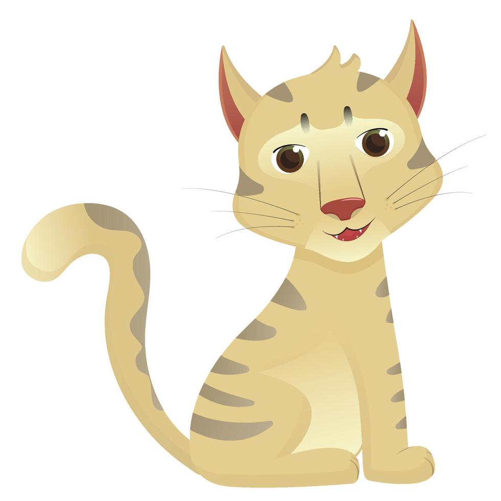 Cute cartoon cat sitting. White kitty with gray spots. Teenage character with big eyes. Flat vector illustration