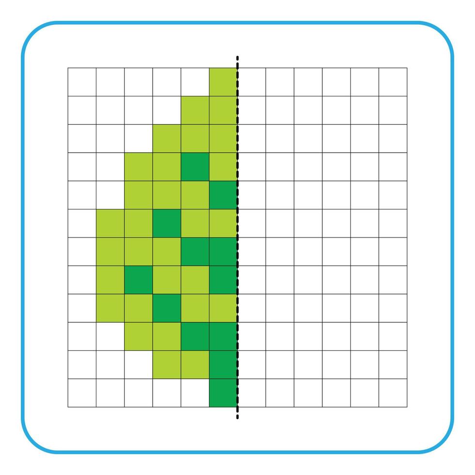 Picture reflection educational game for kids. Learn to complete symmetry worksheets for preschool activities. Coloring grid pages, visual perception and pixel art. Complete the tree or leaf image. vector