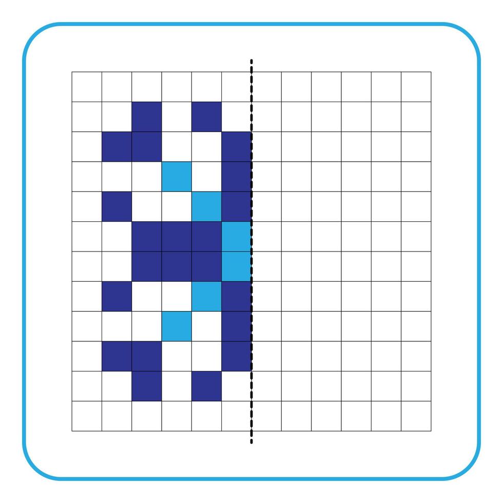 Picture reflection educational game for kids. Learn to complete symmetry worksheets for preschool activities. Coloring grid pages, visual perception and pixel art. Finish the snowflake ornament. vector