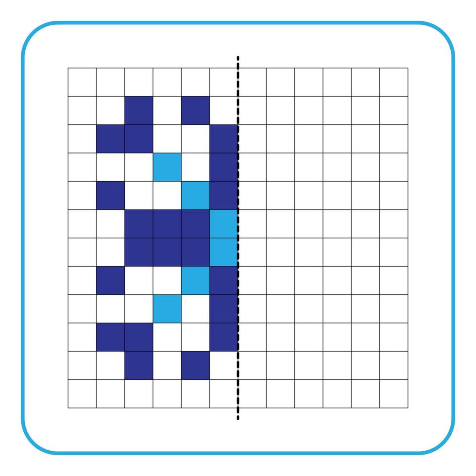 Juego educativo de reflexión de imagen para niños. aprender a completar hojas de trabajo de simetría para actividades preescolares. colorear páginas de cuadrícula, percepción visual y pixel art. terminar el adorno de copo de nieve. vector