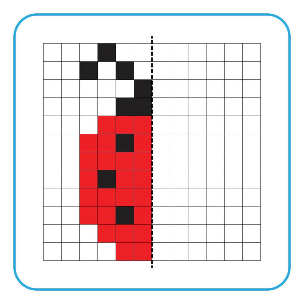 Picture reflection educational game for kids. Learn to complete symmetry worksheets for preschool activities. Coloring grid pages, visual perception and pixel art. Finish the red ladybug beetle. vector