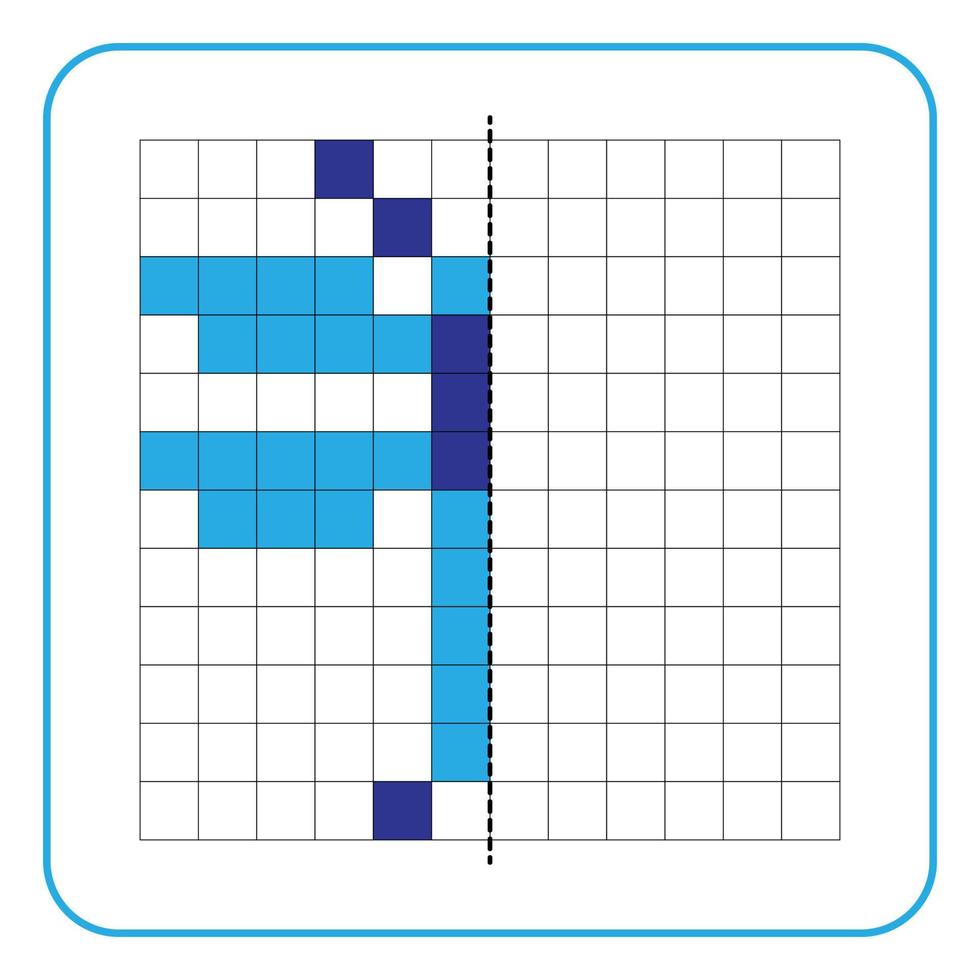 Picture reflection educational game for kids. Learn to complete symmetry worksheets for preschool activities. Coloring grid pages, visual perception and pixel art. Complete the blue dragonfly image. vector