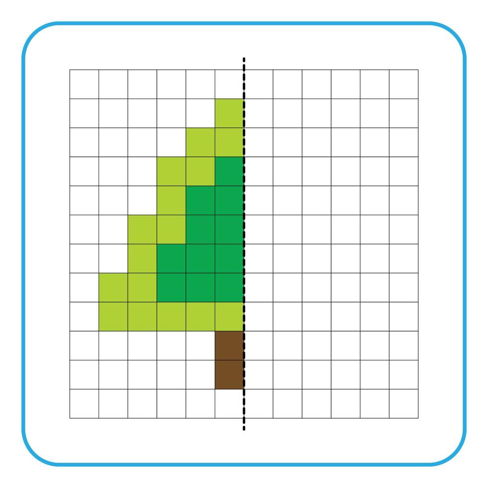 Picture reflection educational game for kids. Learn to complete symmetry worksheets for preschool activities. Coloring grid pages, visual perception and pixel art. Finish the spruce or pine tree. vector