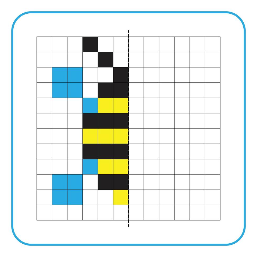 Picture reflection educational game for kids. Learn to complete symmetry worksheets for preschool activities. Coloring grid pages, visual perception and pixel art. Finish the honey bee insect. vector