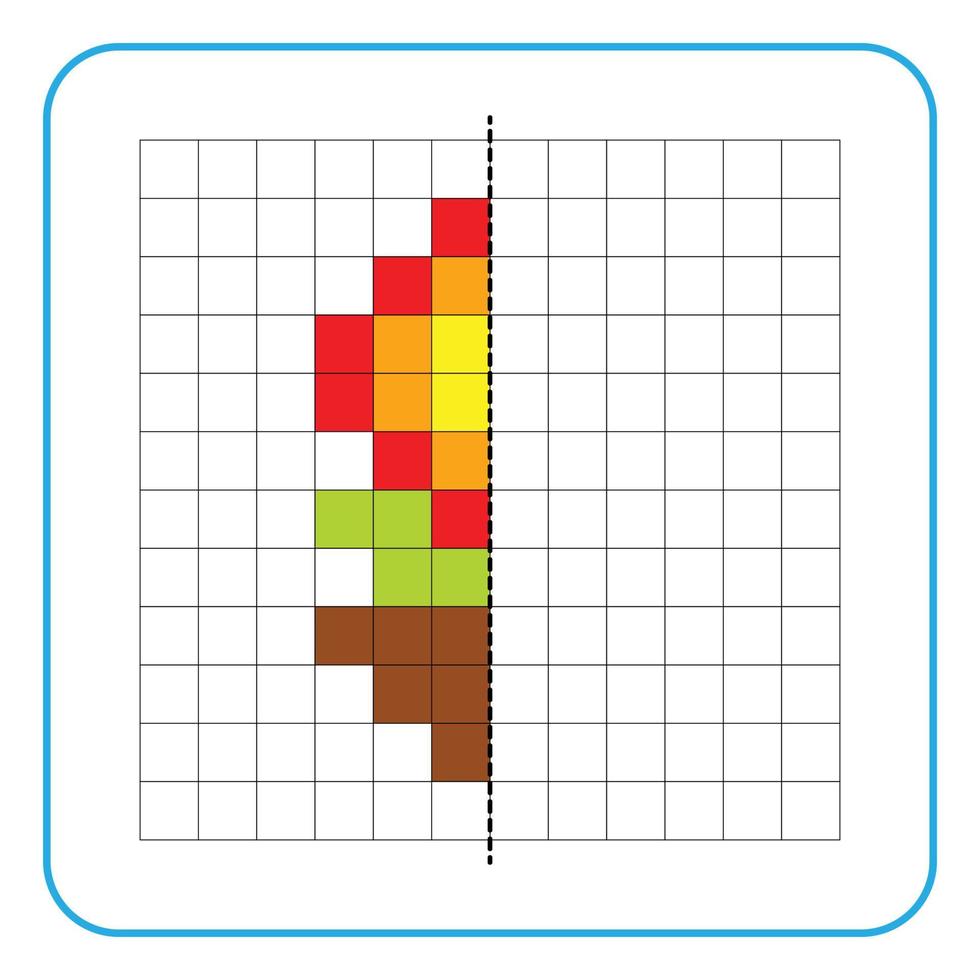 Picture reflection educational game for kids. Learn to complete symmetry worksheets for preschool activities. Coloring grid pages, visual perception and pixel art. Finish the flower plant in the pot. vector