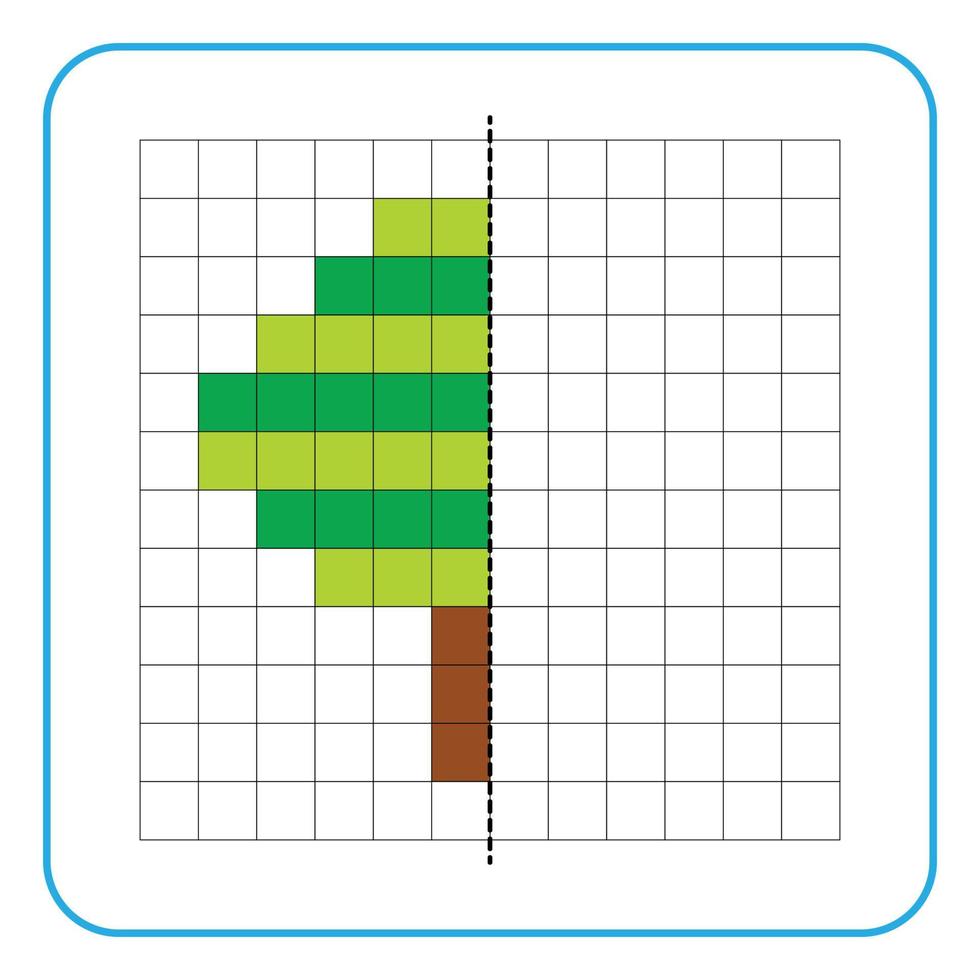 Picture reflection educational game for kids. Learn to complete symmetry worksheets for preschool activities. Coloring grid pages, visual perception and pixel art. Complete the green tree image. vector