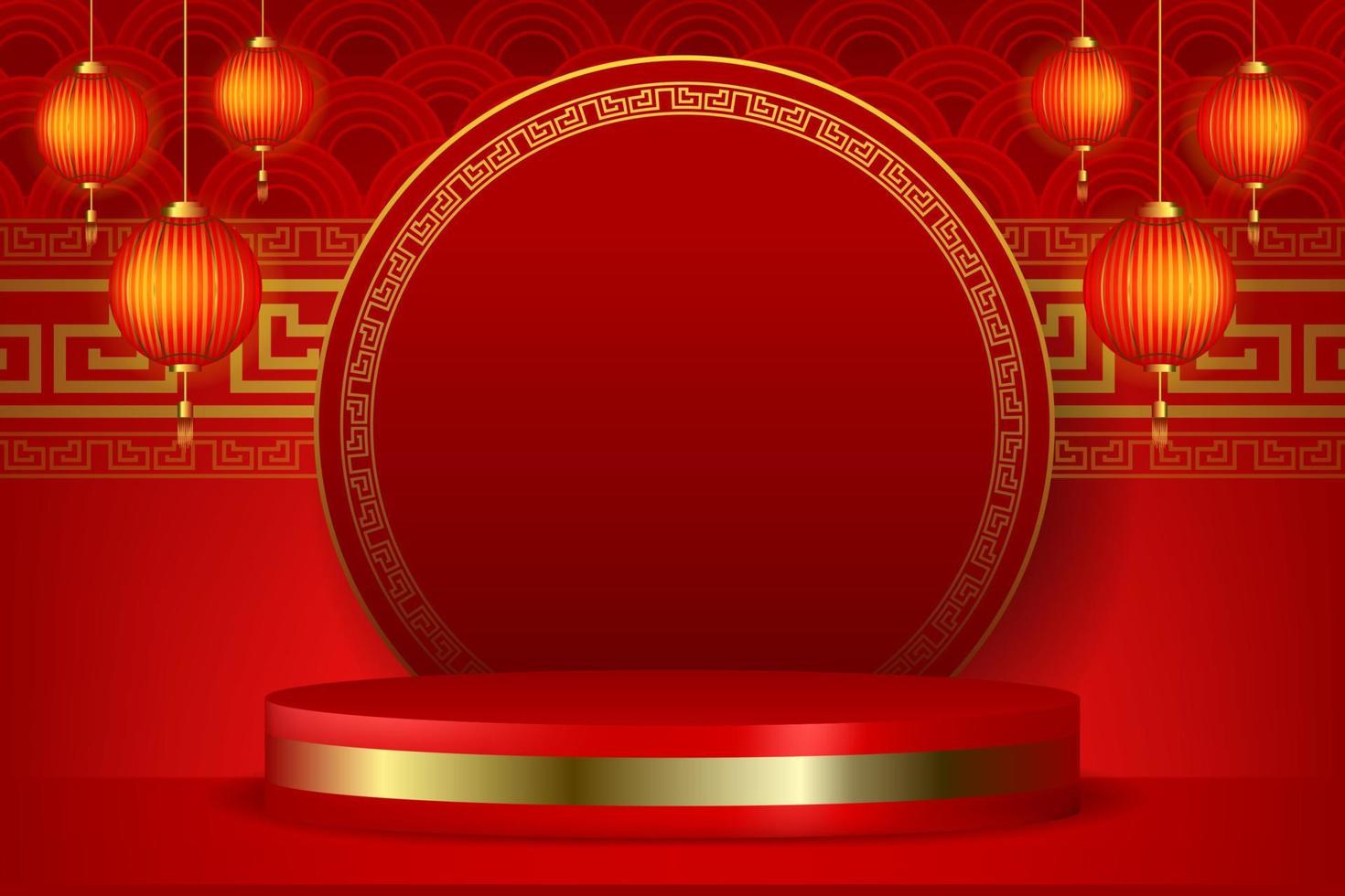 3d illustration of podium with chinese lantern on happy chinese new year concept vector