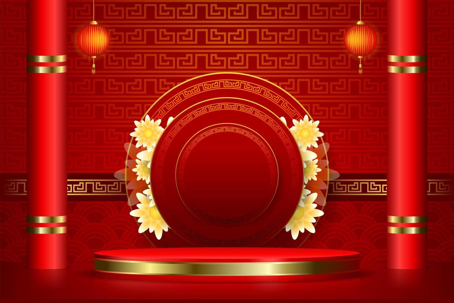 3d illustration of podium with chinese lantern on happy chinese new year concept vector