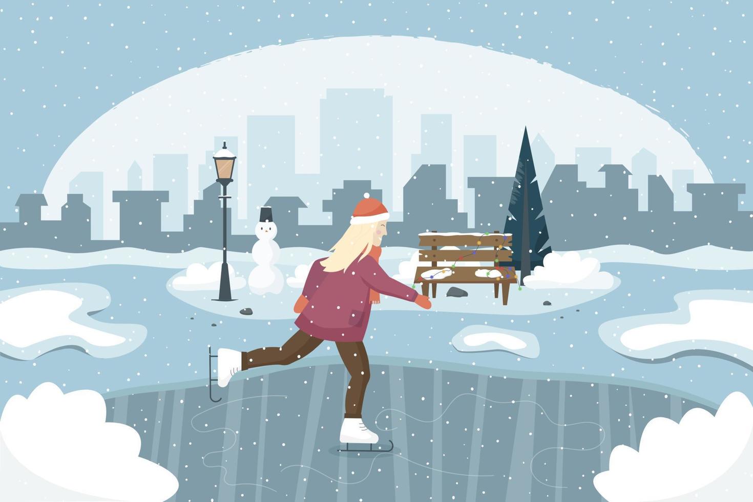 una mujer joven patina sobre hielo en la pista del parque. Ilustración de vector de concepto en un estilo plano.