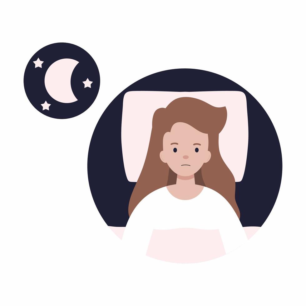 Woman can  not sleep. Girl suffers from insomnia. Man is lying in bed. Vector illustration in cartoon style.