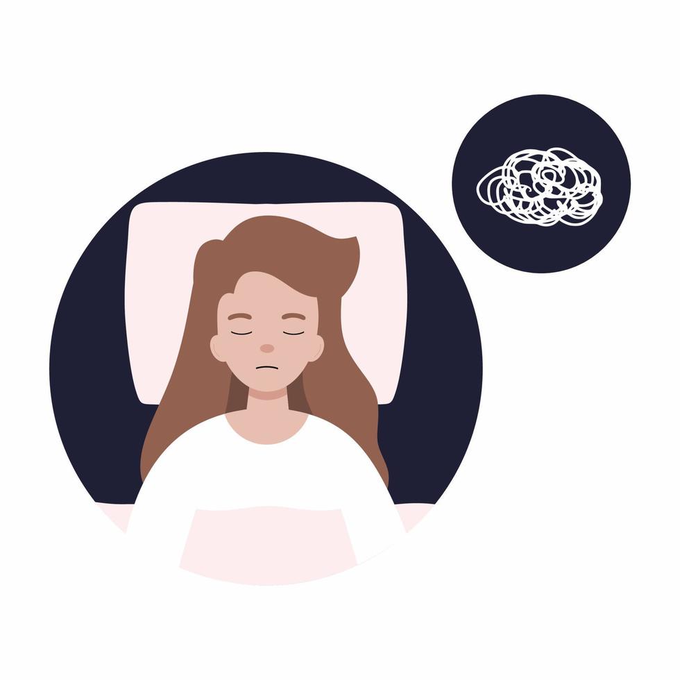 niña duerme bien y sueña. mujer está acostada en la cama. personaje de vector en estilo de dibujos animados.