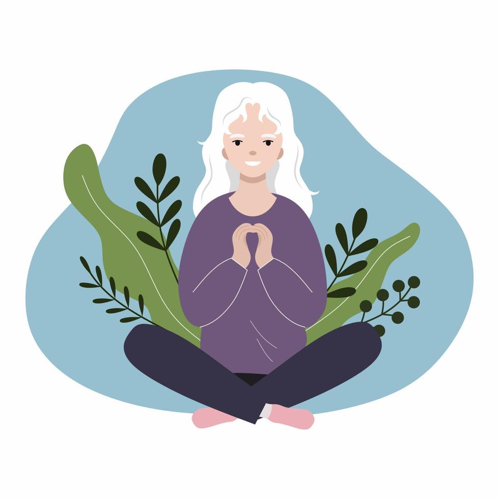 Woman is sitting in lotus position. Albino girl holds her hands in shape of heart. Love yourself. vector