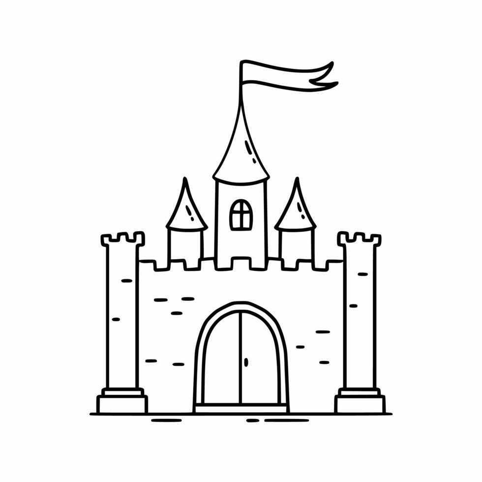 castillo medieval en estilo doodle. palacio de la princesa. ciudadela de caballero. libro para colorear para niñas. elemento de diseño de postal. vector