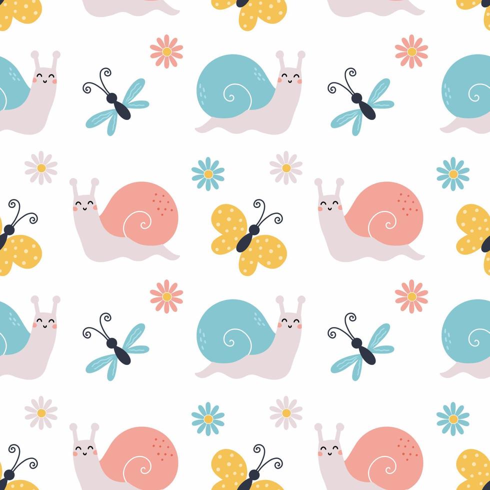 Cute snail and butterfly for nursery. Seamless summer pattern for sewing clothes and print fabric. Wrapping paper. Newborn wallpaper. vector