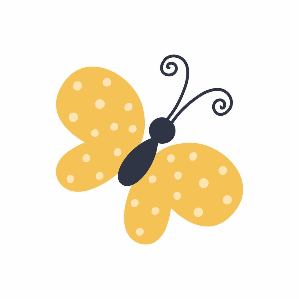 Cute yellow butterfly with peas. Vector illustration in doodle style. Summer sticker.