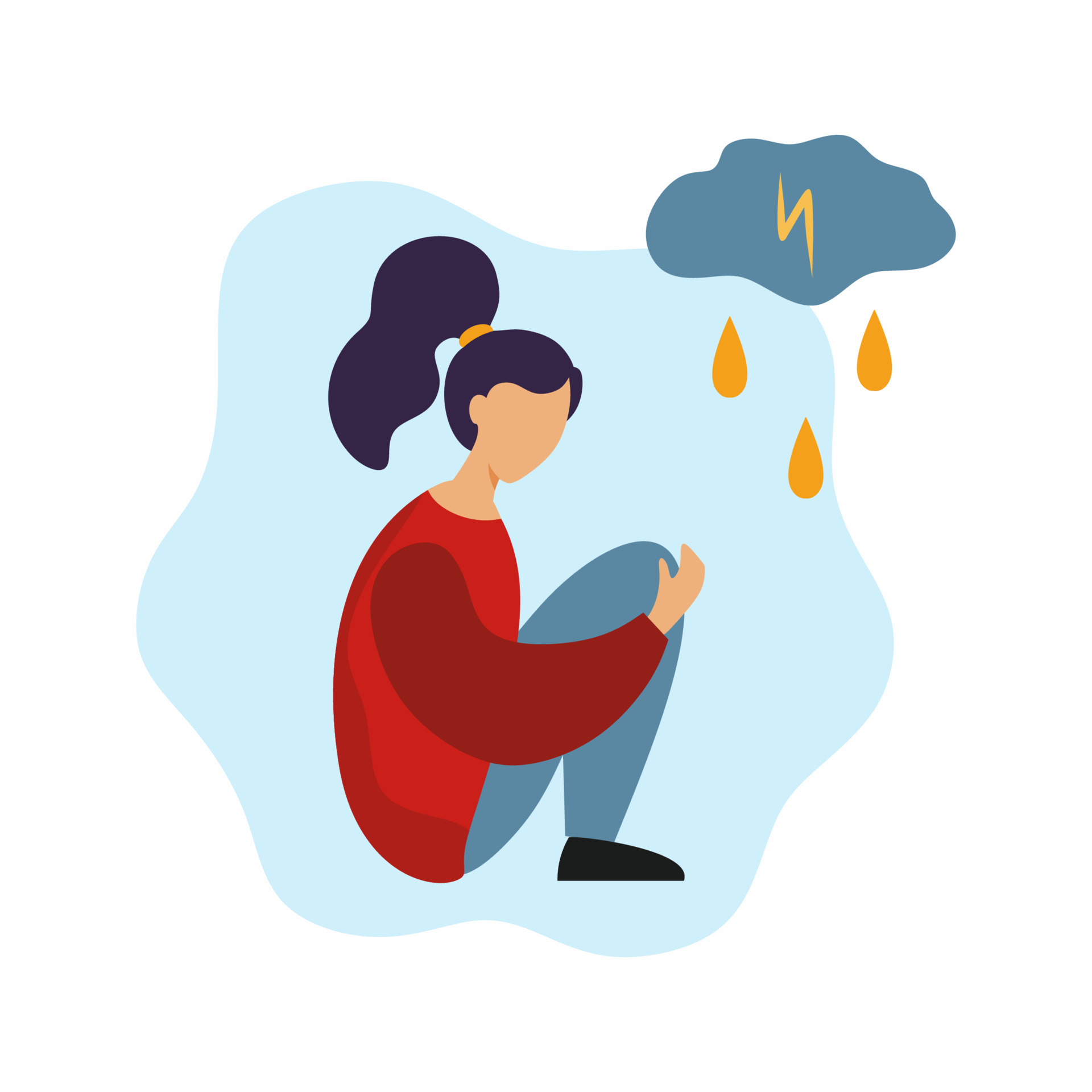 Sad woman hugs herself. Stress, fatigue and depression. Bad mood. Cloud ...