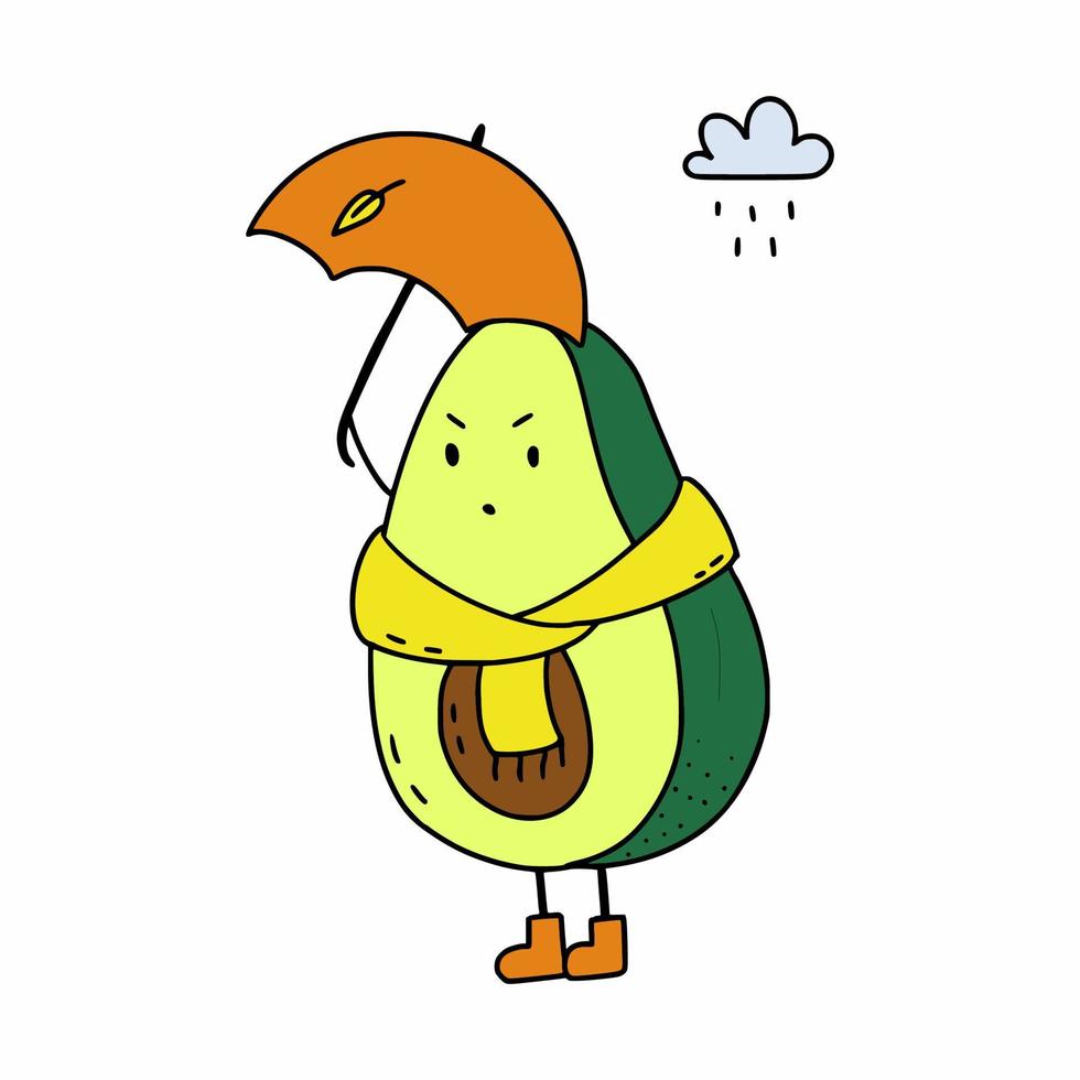 Cute avocado with  umbrella in rain. Autumn illustration in  doodle style. Sticker for  social network. vector