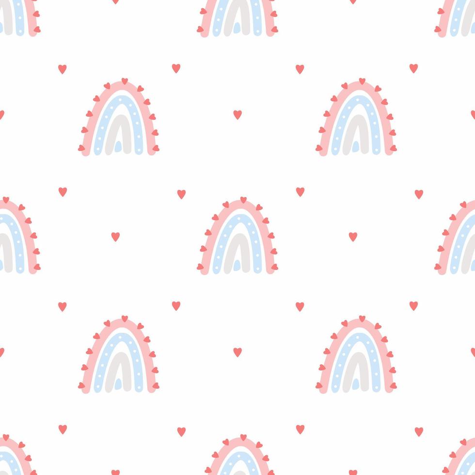 Seamless background with cute rainbow and pink heart. Endless pattern for sewing children clothes and printing on fabric. Packing paper. Hand drawn illustration. vector