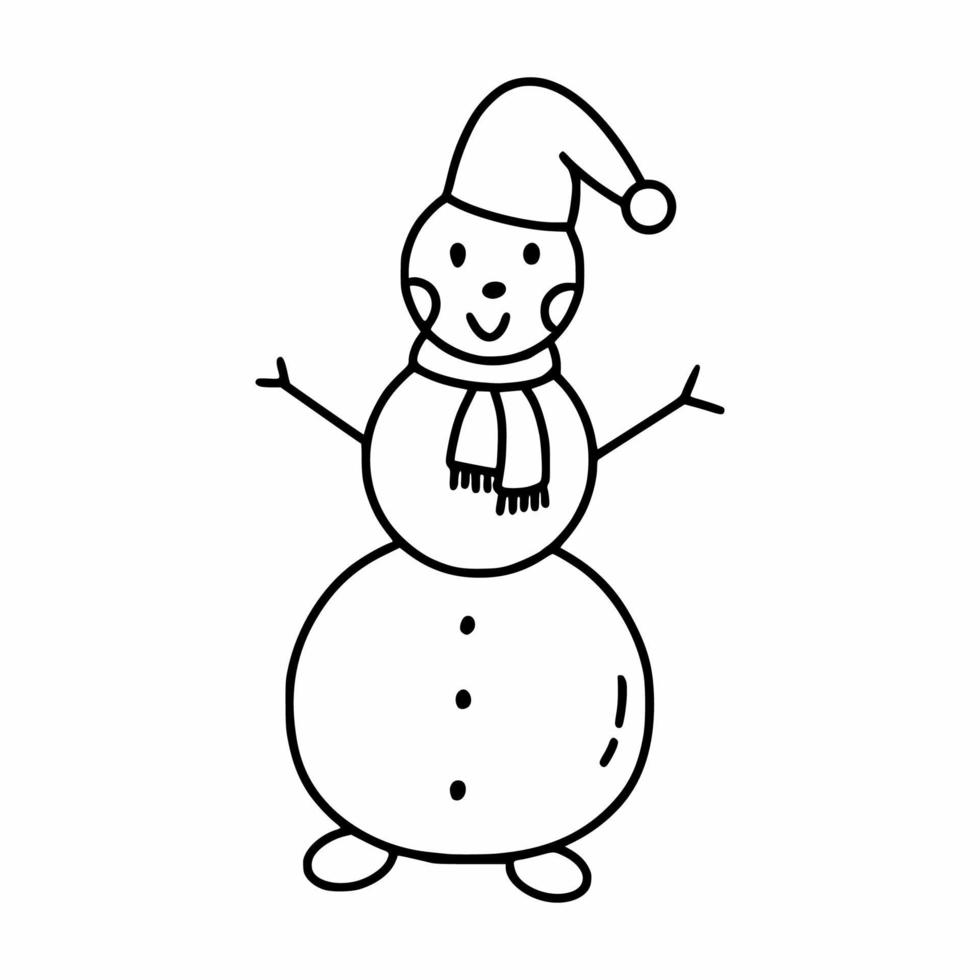 muñeco de nieve divertido en estilo doodle. personaje de invierno para niños libro para colorear. icono lineal para navidad y año nuevo. postal de decoración. vector