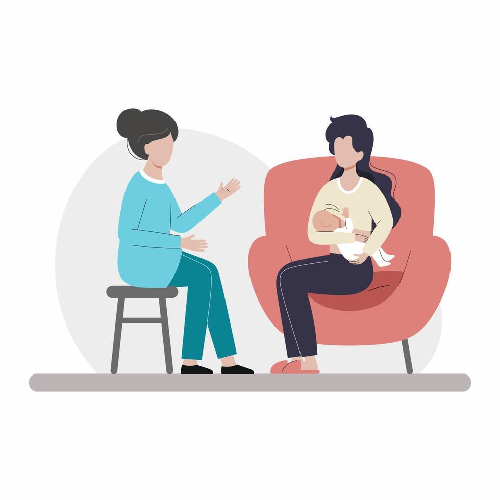 Breastfeeding consultant. Woman is sitting in chair and breastfeeding baby. Mom and infant. Interior of apartment. vector