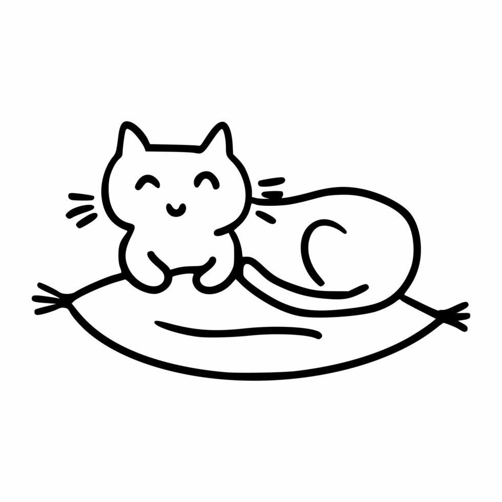 Cute kitten is lying on pillow. Drawing cat in doodle style. Vector icon for postcard decor.