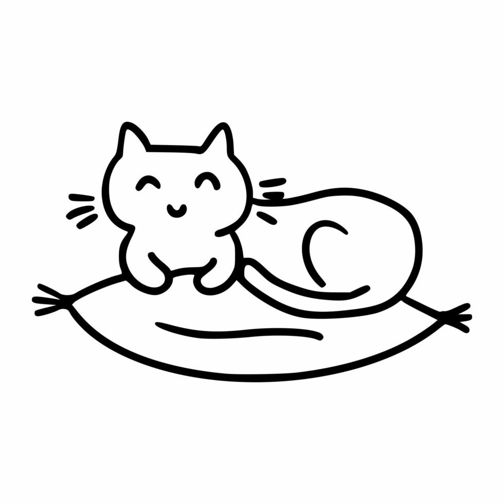 Cute kitten is lying on pillow. Drawing cat in doodle style. Vector icon for postcard decor.