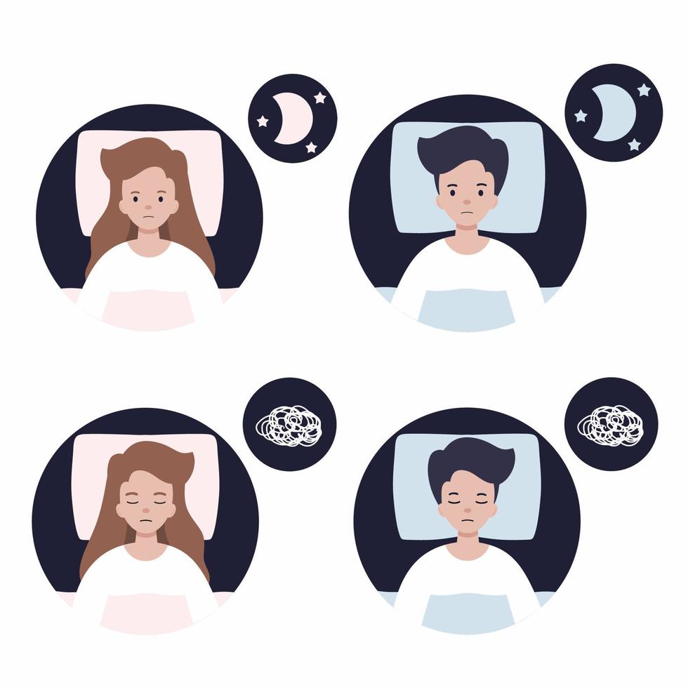 Set of icons with sleeping people. Healthy sleep. Man and woman are lying in bed vector