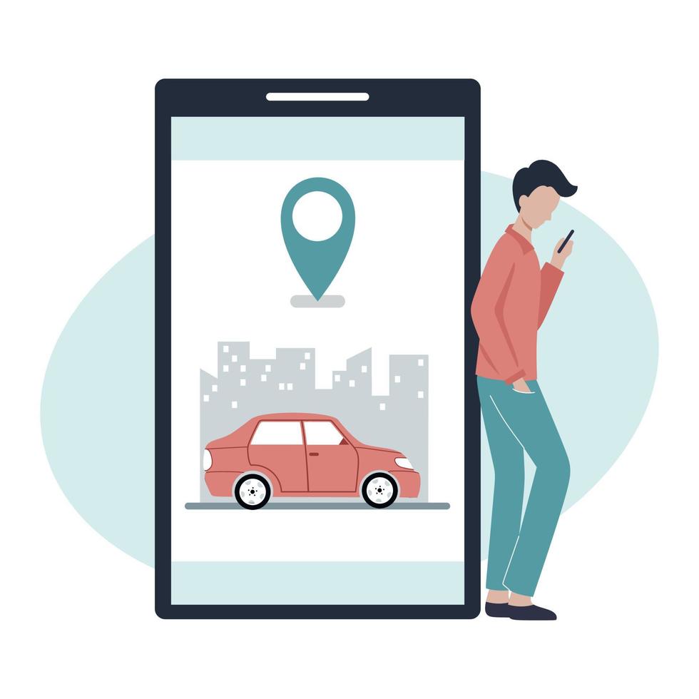 El hombre pide un taxi a través de un teléfono inteligente. carsharing y alquiler de coches. Solicitud en línea para llamada automática. vector