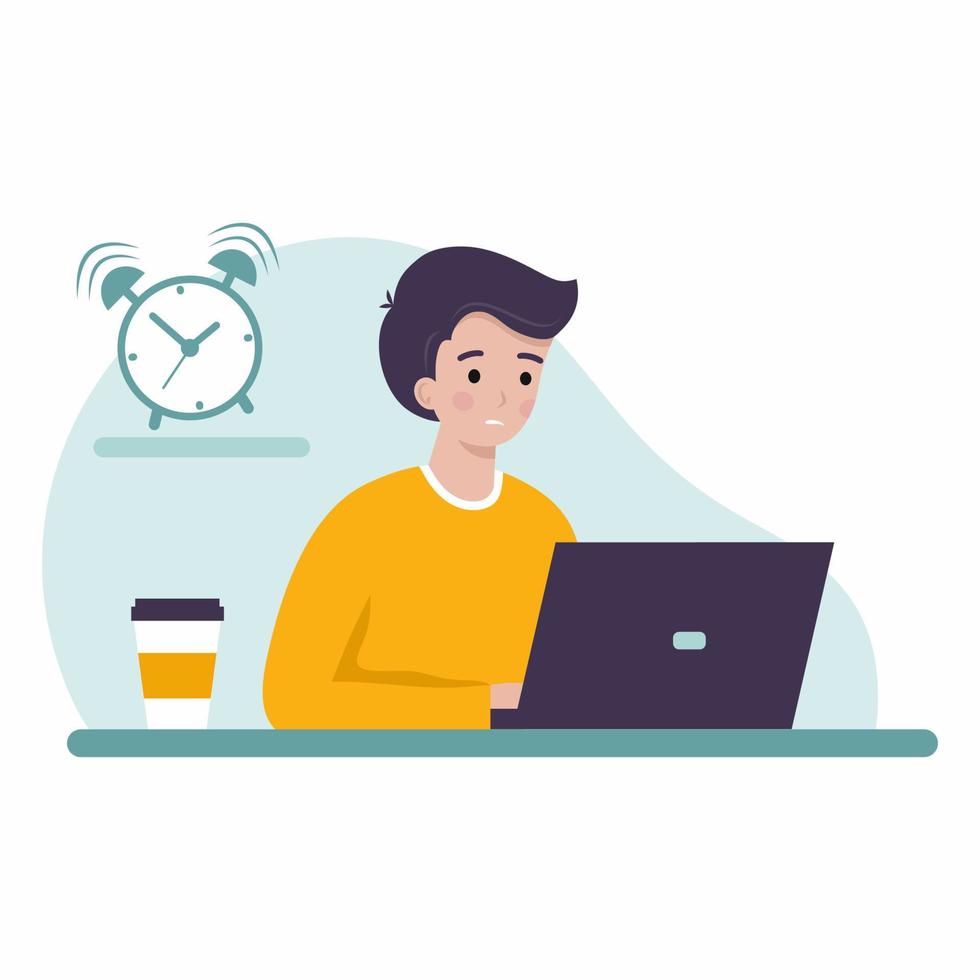 Man work computer. Freelance programmer and deadline. Designer late with execution order. Online education on Internet. vector