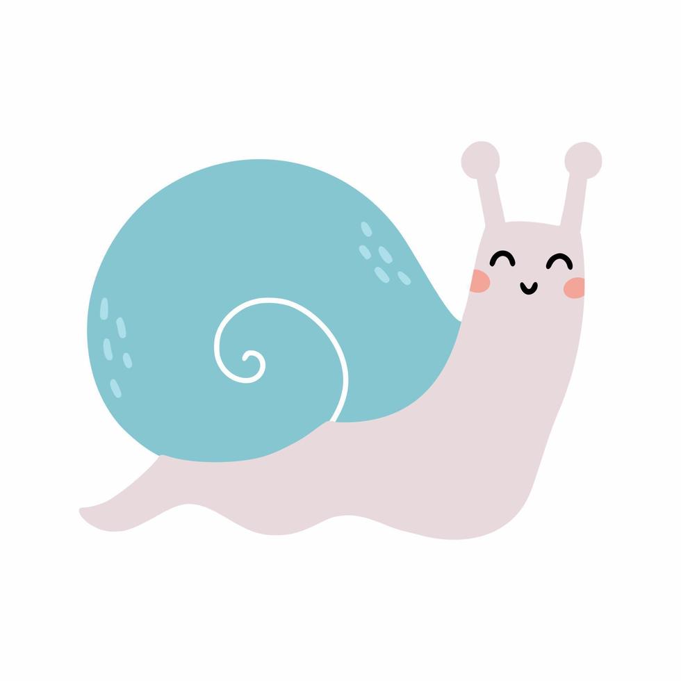 Cute snail on white background. Vector character for nursery. Postcard with cochlea.