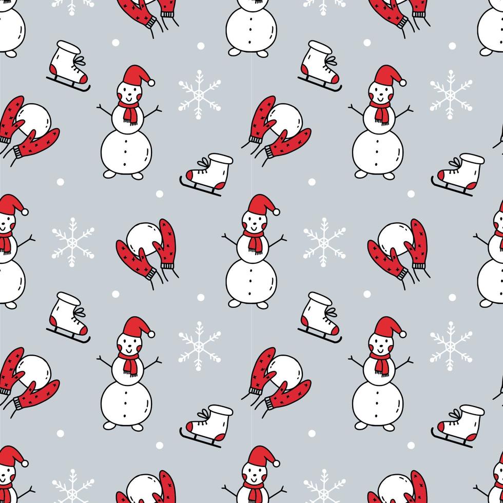 New Year and Christmas. Gray seamless pattern. Snowman , snowflake and