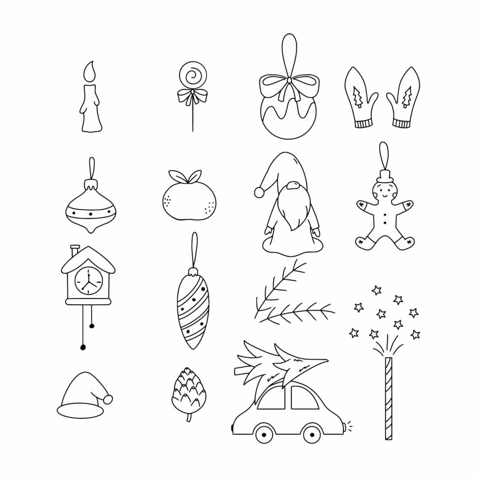 Establecer elementos de año nuevo. Ilustración de estilo doodle. bola de navidad, hombre de jengibre y gnomo. vector