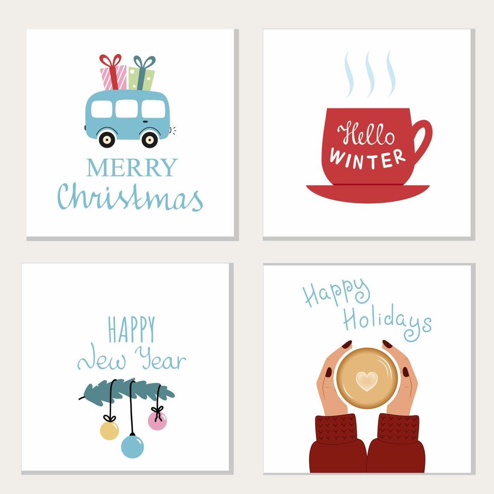 establecer postal año nuevo y navidad. regalo de autobús. letras hola invierno. taza de té. árbol de navidad de juguete. vector