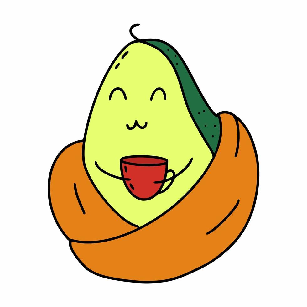 Cute avocado is drinking tea. Sticker for social network. vector