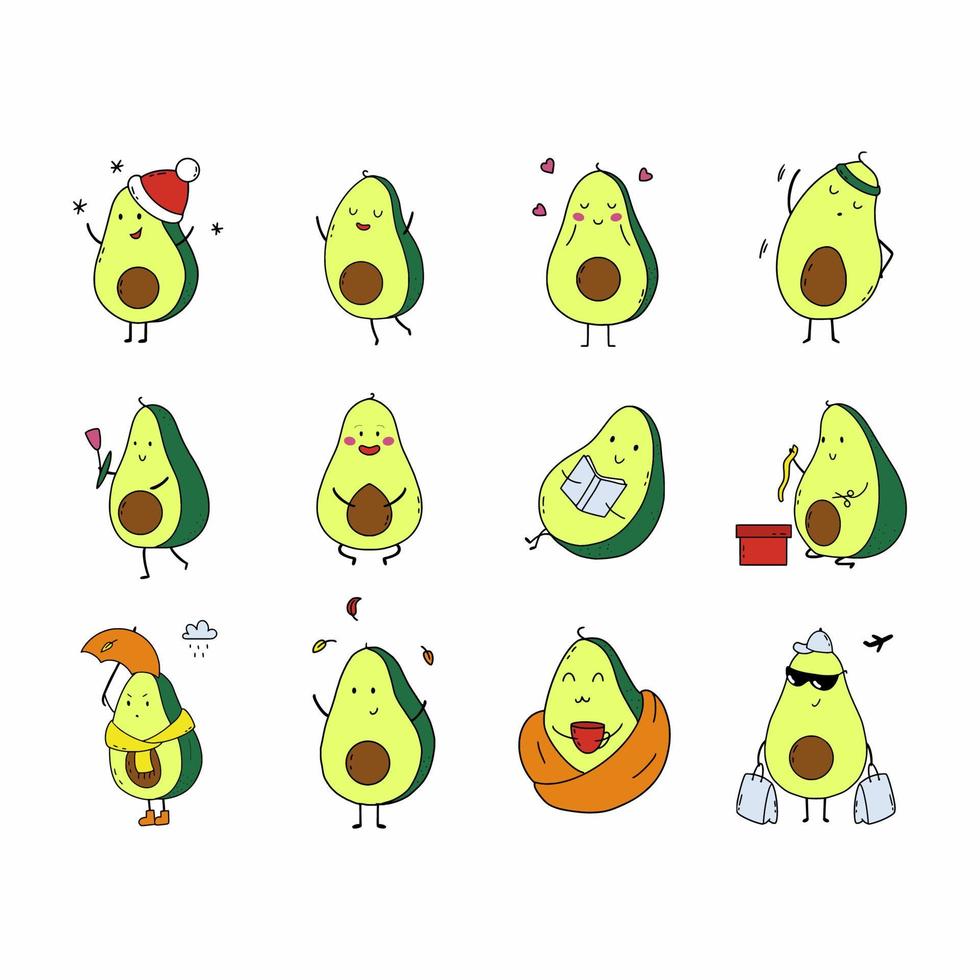 Set avocado sticker. Funny fruit in various life situations. Doodle style illustration. Postcard design element. vector