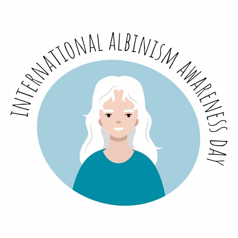 Día mundial de concientización sobre el albinismo 13 de junio. Feliz mujer albina con cabello blanco. vector