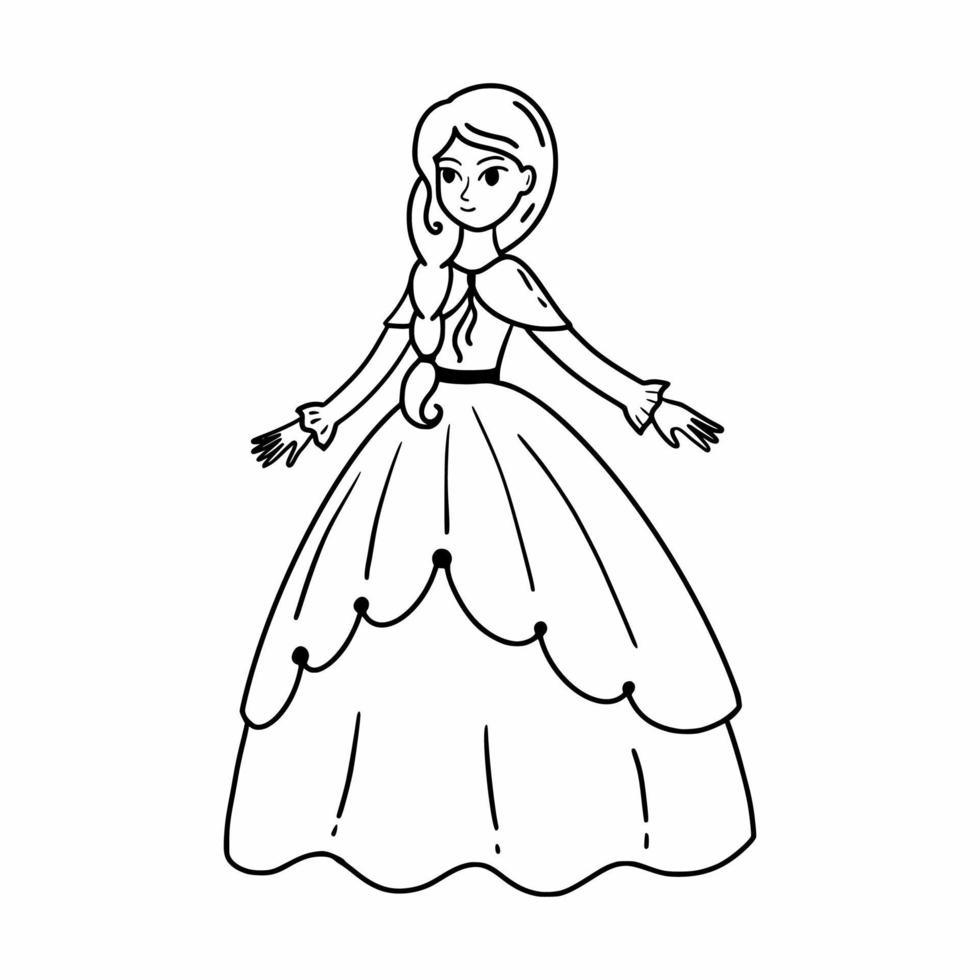 linda princesa con vestido esponjoso. hermosa chica en estilo doodle. dibujo de muñeca para niña. vector