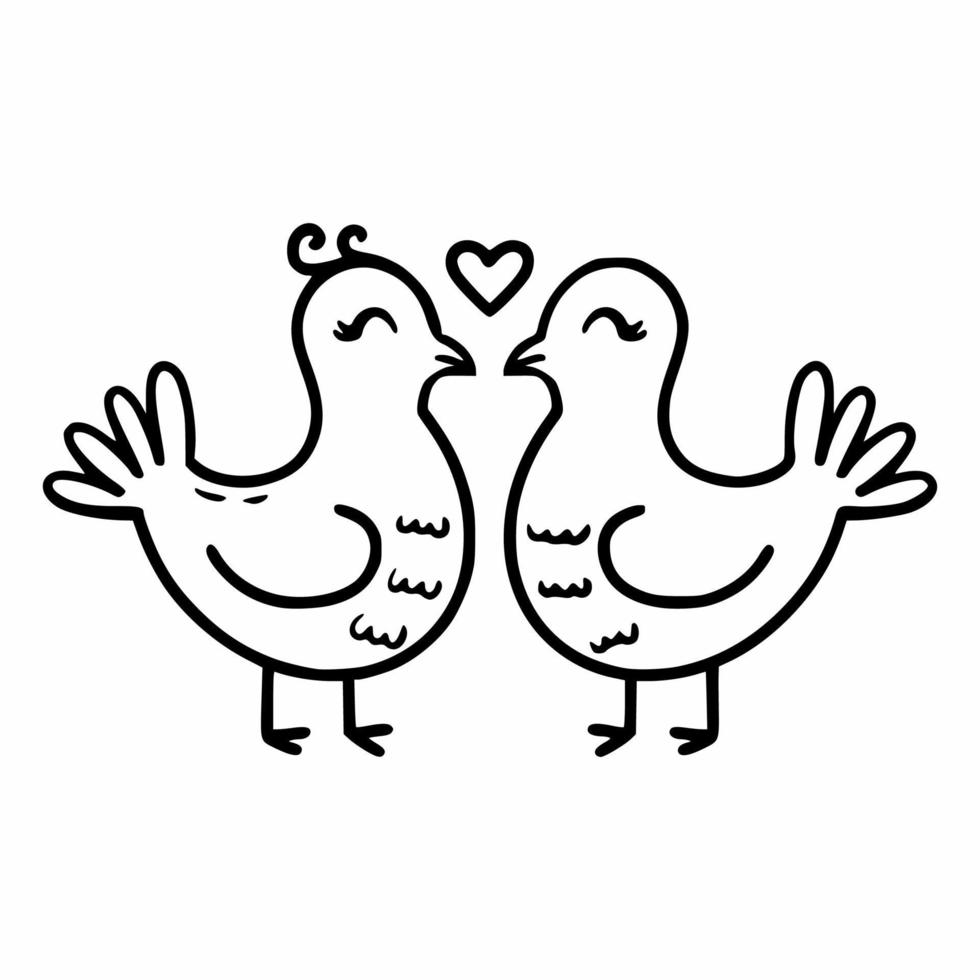 dos palomas lindas del doodle. pájaros y besos. palomas de icono de vector. elemento decorativo de la tarjeta de boda. pegatina para el día de san valentín. vector