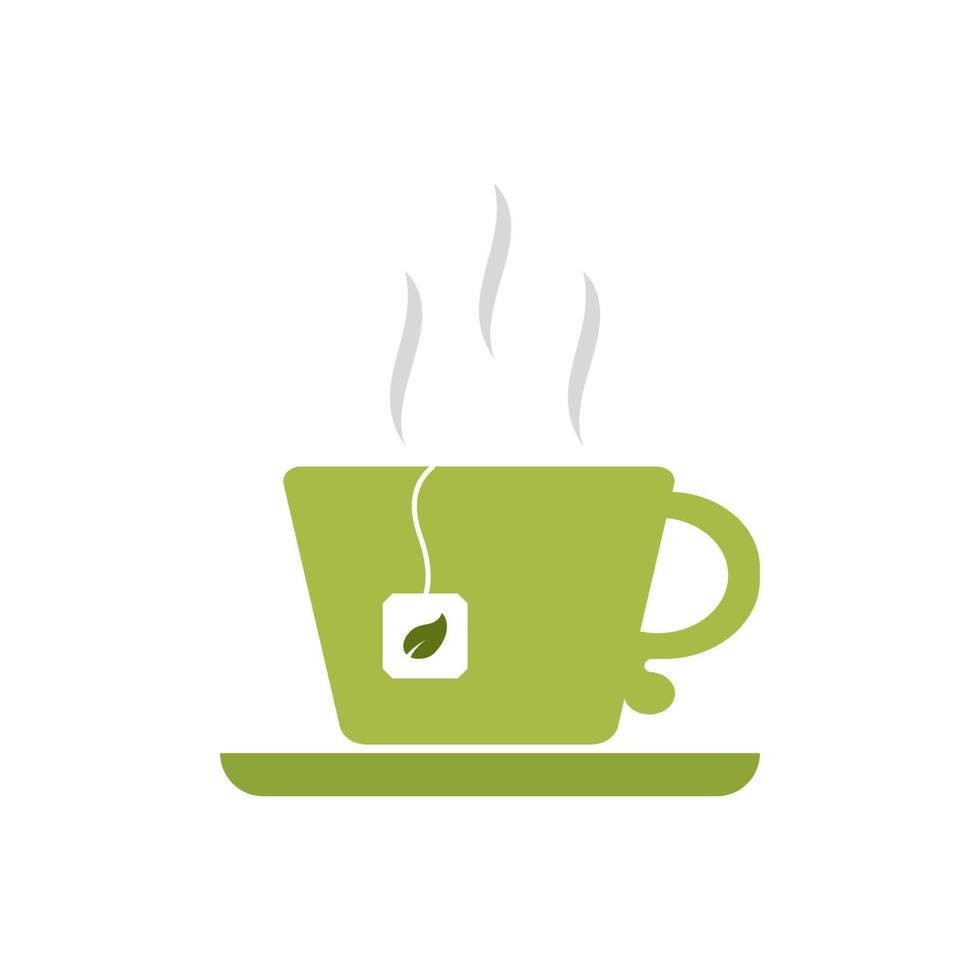 Green cup and saucer-flat icon.A mug with a tea bag and a green leaf. A cup of steamed green tea. vector