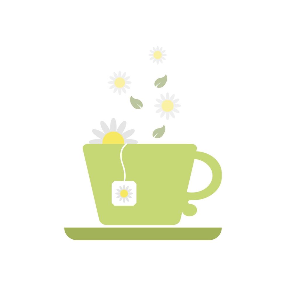 taza verde y un icono plano de platillo. Una taza con una bolsita de té y una hoja verde. una taza de té verde al vapor té de hierbas vector