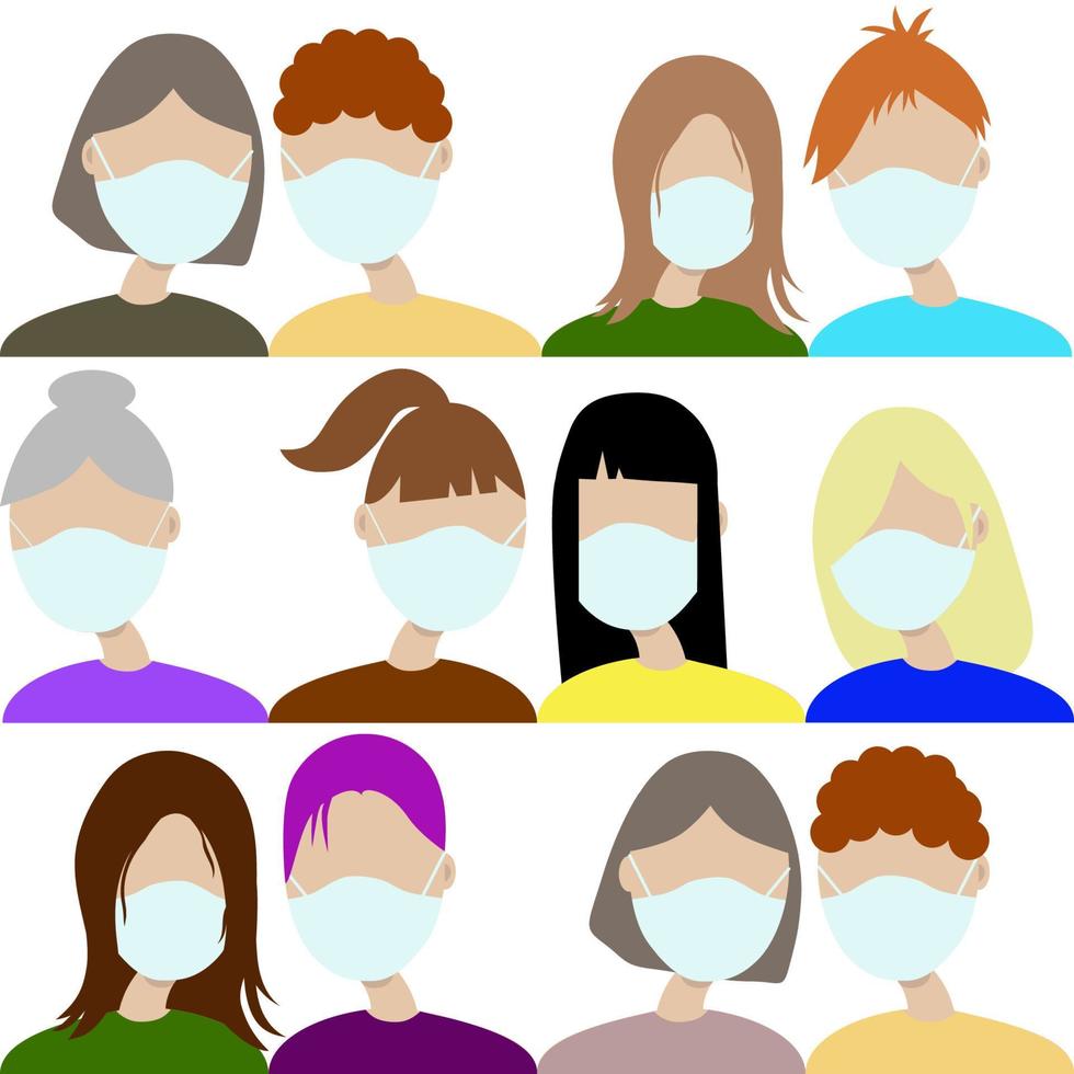 A group of people in medical masks.Young girls and boys in protective masks from the virus.Flat illustration.Vector illustration vector