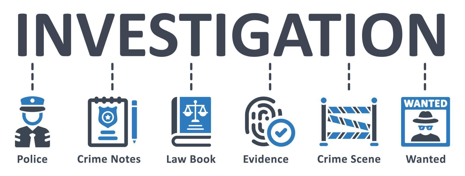 icono de investigación - ilustración vectorial. delito, investigación, policía, penal, justicia, ley, infografía, plantilla, presentación, concepto, banner, pictograma, conjunto de iconos, iconos. vector