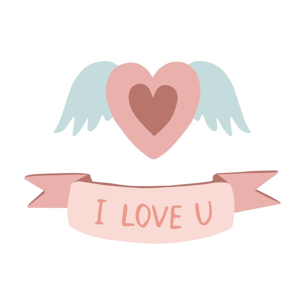 Ilustración romántica del corazón de alas de ángel y una cinta que dice te amo vector