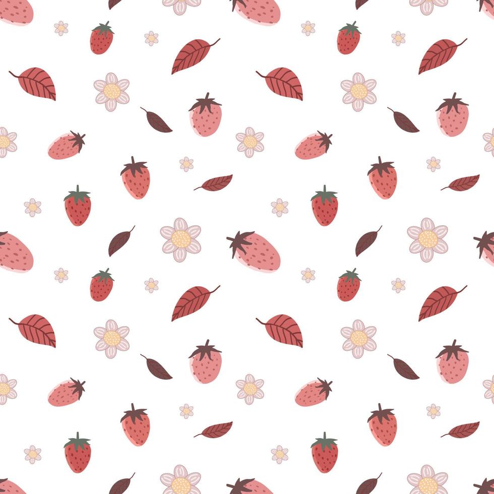 Strawberries with pink and red leaves and white flowers seamless pattern vector