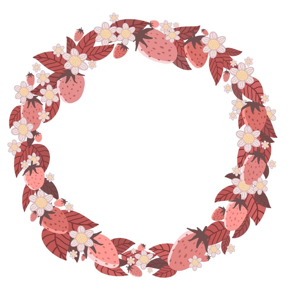 Crawn with strawberries with pink and white flowers and pink leaves vector