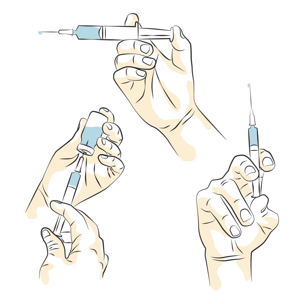 Hand sketch holding a syringe vector