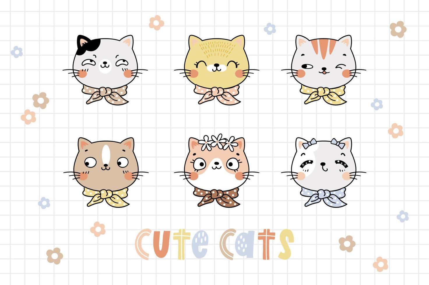 colección de caras kawaii de gatos en estilo lindo dibujado a mano vector