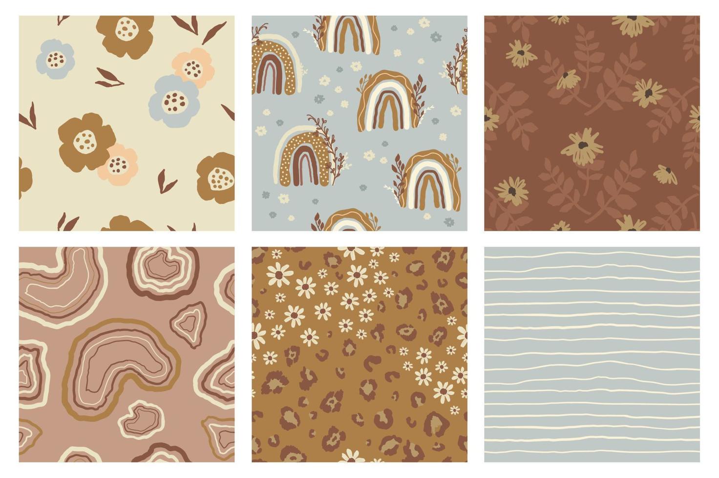 Minimalistic floral seamless patterns collection with rainbow and abstract elements in trendy colors vector