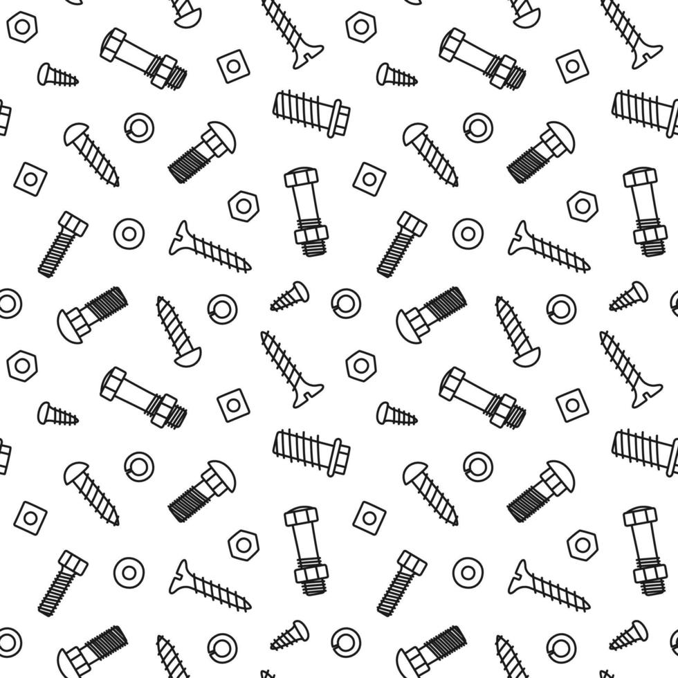 Hand drawn bolts, screws and nuts. Seamless pattern of fasteners in doodle style. Hand drawn building material. Children drawing. Vector illustration on white background