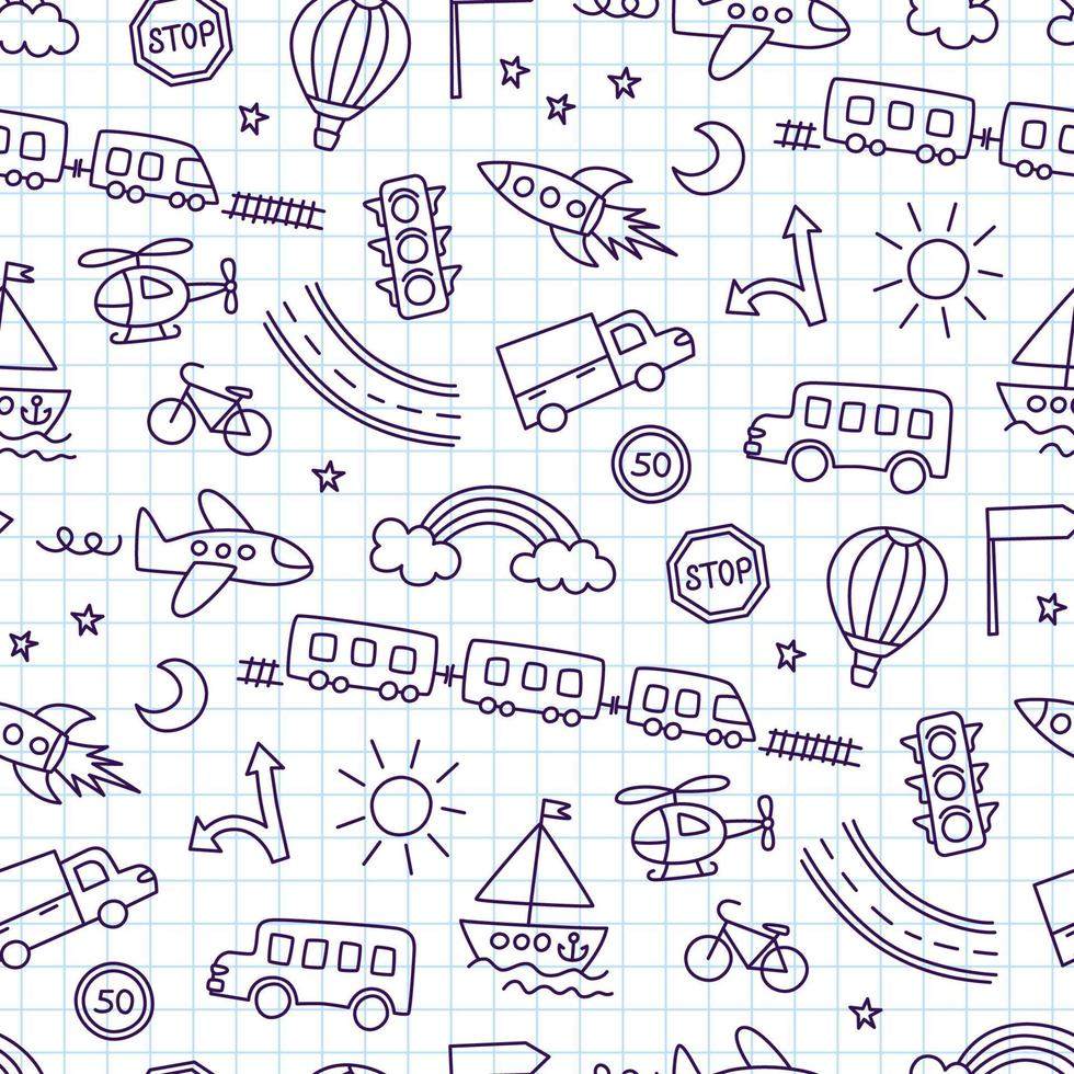 Children drawing of cars, train, plane, helicopter and rocket. Doodle transport. Cute children drawing. Seamless pattern in kid style. Hand drawn vector illustration on squared notebook background